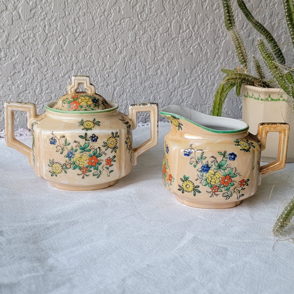 Vintage Trico lusterware creamer and sugar set hand painted Japan